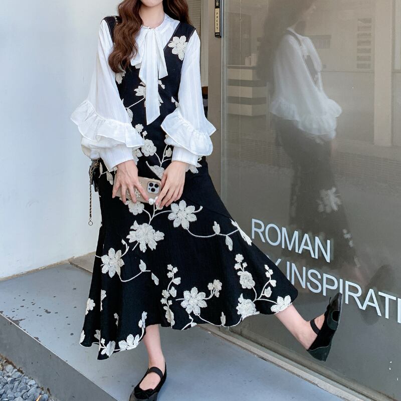 White Frill-Sleeve Top & Black Mermaid Skirt Co-ord S0314