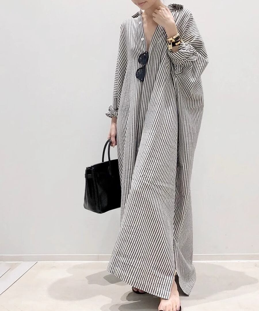 マキシ丈◆ストライプシャツワンピ【w-30057】