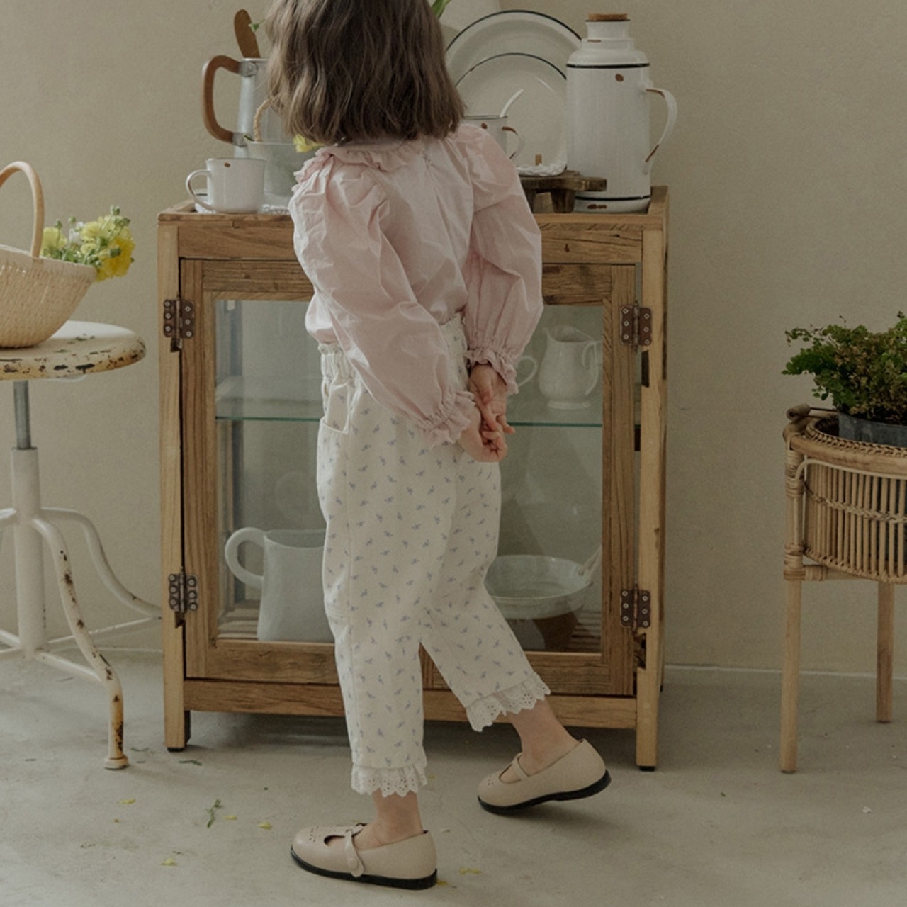 秋レース付き綿製小花カジュアルパンツ2色