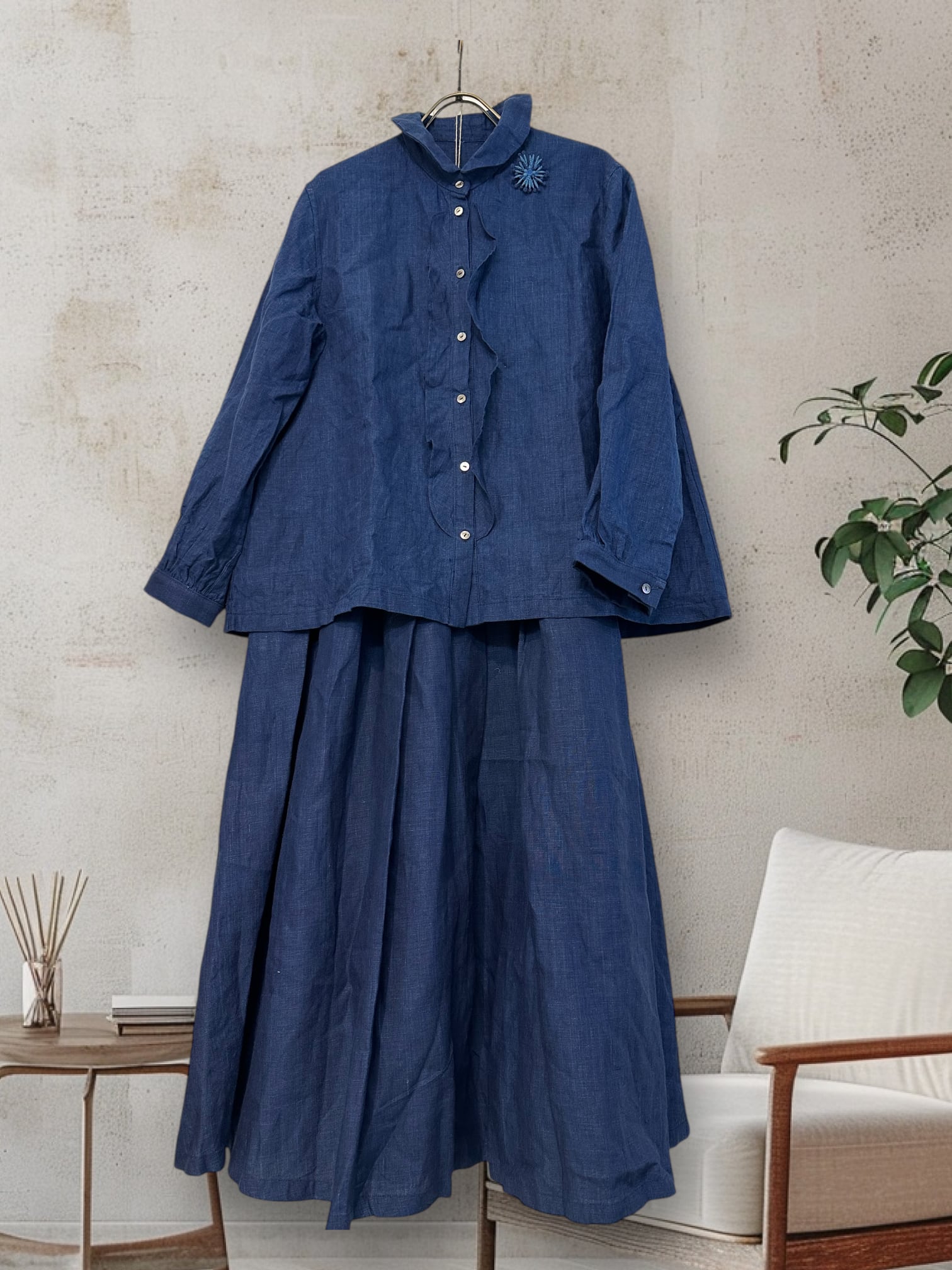 リネンインディゴブラウス、スカート