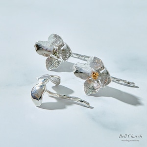 ヘアカフ 3点セット ヘアポニー ポニーフック お花 フラワー ペタル メタル ストーン ミニカフ|シルバー (BC-H63)