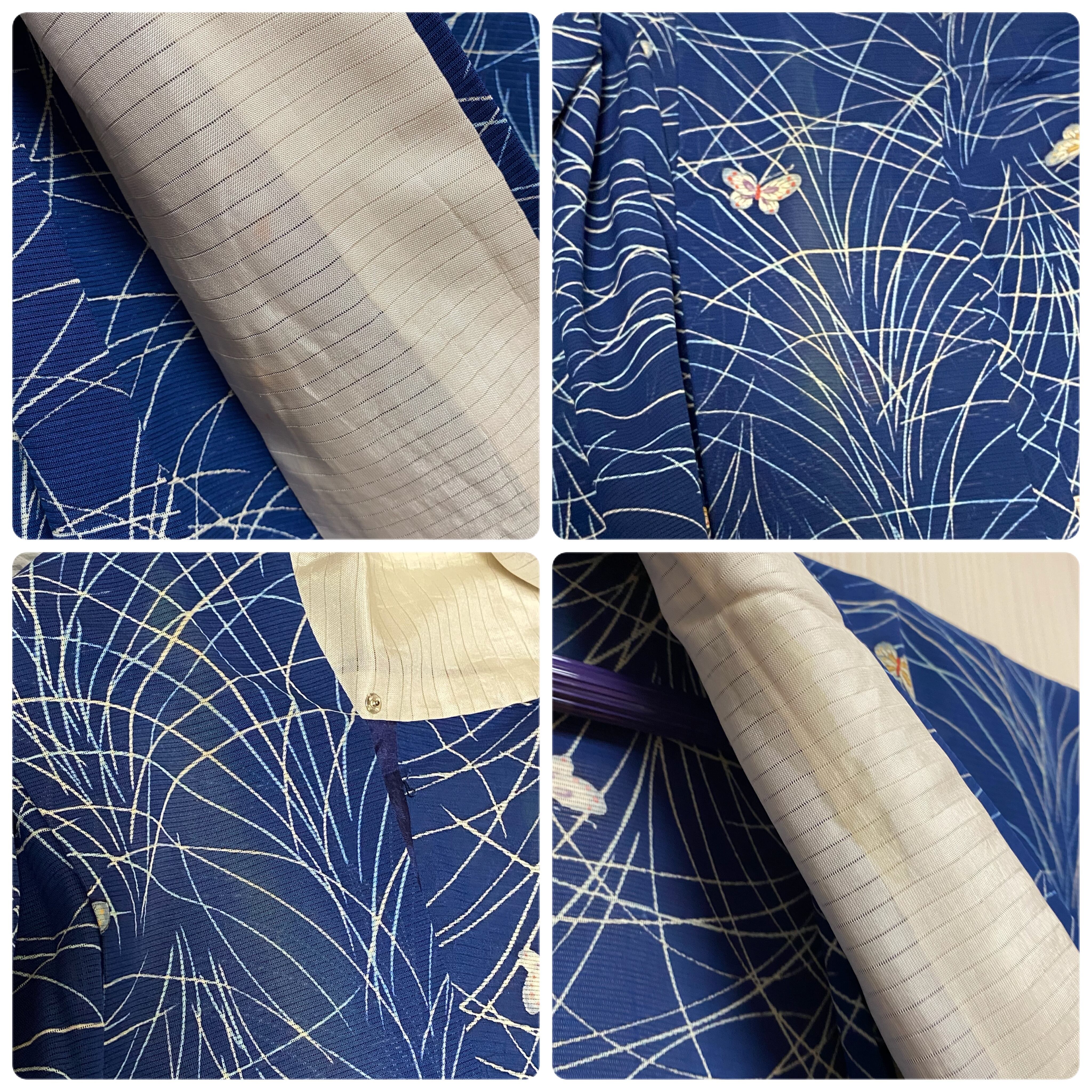 薄物 絽】小紋 単衣 横縞 蝶々 すすき 中縹色 夏着物 清涼感 昭和