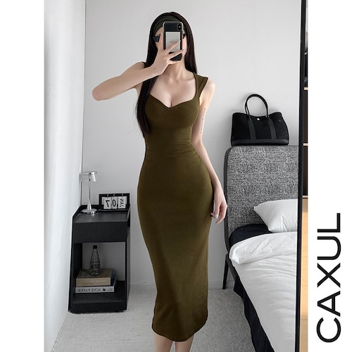 Heart Neck Casual Rib Dress/6color