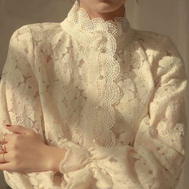 Pearl button lace frill design blouse A210684