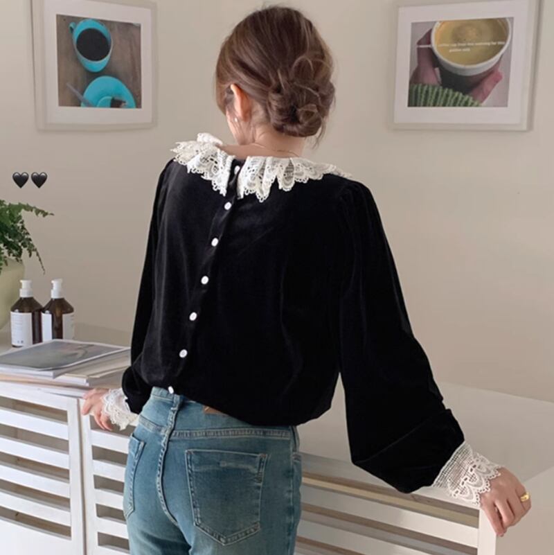 Velor lace back button pullover RW0536