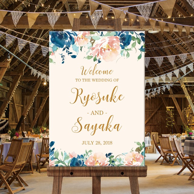 〜blue & peach flower〜 ウェルカムボード