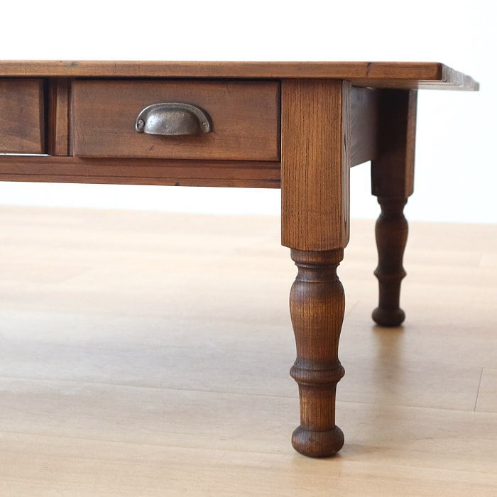 アンティーク ロクロ脚 引き出し3杯 無垢材 文机 古家具 トチ | RENOKA