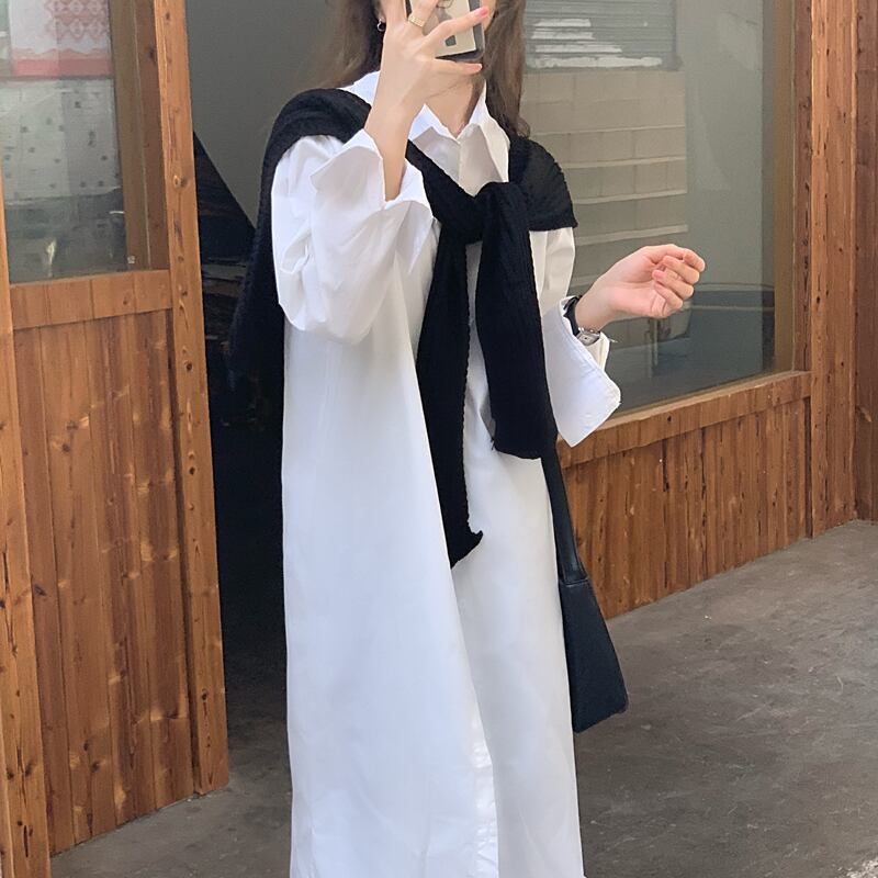 シャツ ドレス ルーズ薄手ホワイトスカート スプリング ロング 春物 ブラックストロベリース72840376117