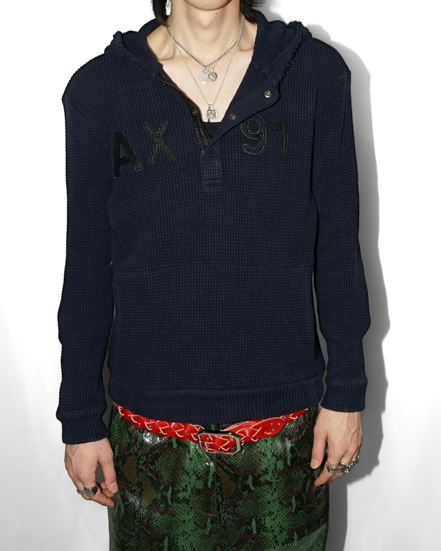 "Armani Exchange" half snap button waffle knit hoodie