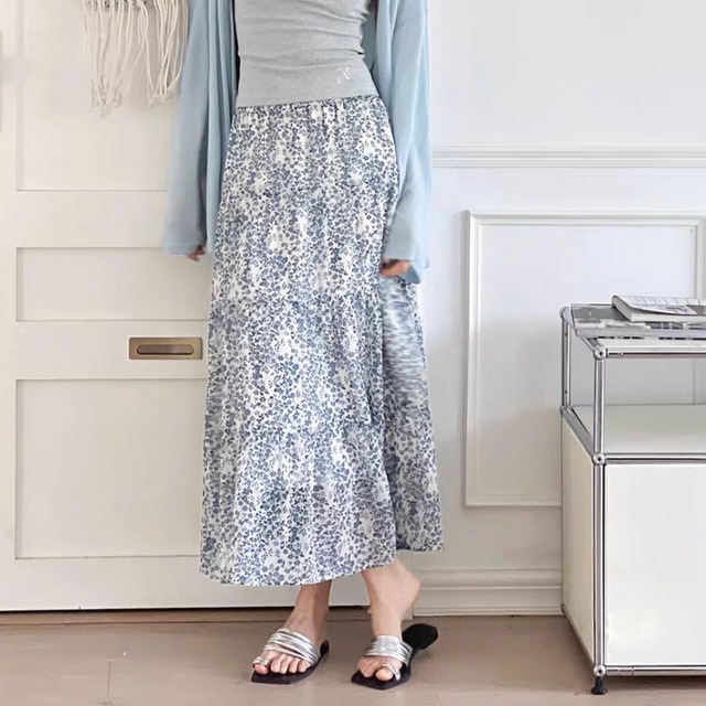 シフォン小花柄プリントティアードフレアースカート　　1062　