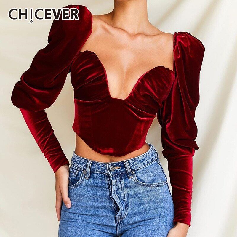CHICEVERヴィンテージセクシーショートTシャツレディーススクエアカラー長袖スリムレッドプラスサイズTシャツ2020タイド ロング 大きめサイズ スクウェア ビンテージ 6base572002794329