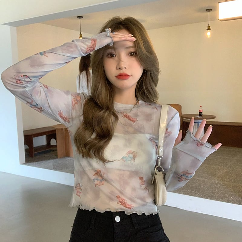 透明感up 天使柄 シアートップス メロウデザイン シースルー インナー カットソー イラスト エンジェル レイヤード ユニークデザイン Lamitte Deco トレンド 韓国ファッション ショップ Base店