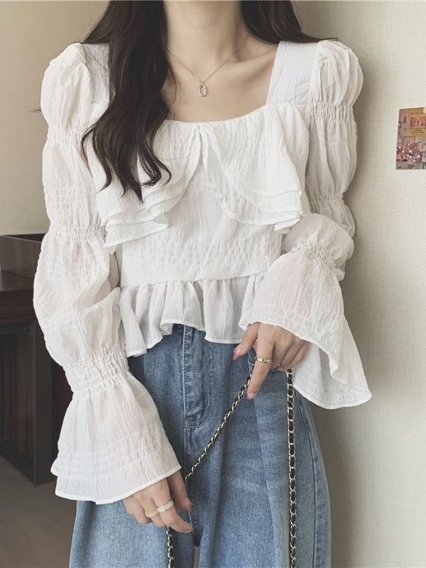 3段パフスリーブペプラムフリルブラウス 可愛いコーデ 大きいサイズ 韓国 CH5274
