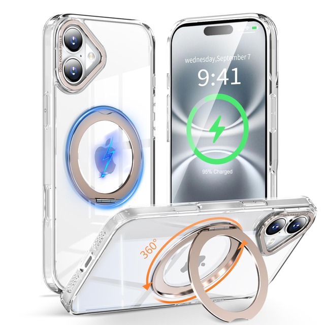KWATUNG iphone16用ケース magsafe対応 あいふおん16 用 ケース 360°回転スタンド【透明+デザートチタニウム】