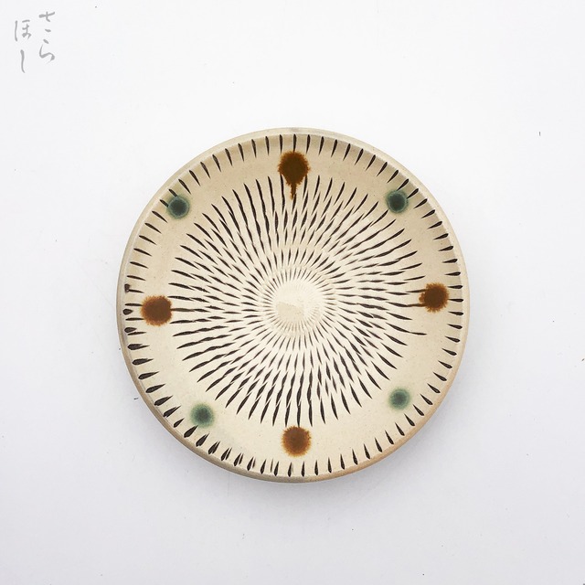 小鹿田焼 小袋窯 4.5寸皿 飛びかんな 赤青ドット 直径約13cm 小皿 陶器 和食器 民藝