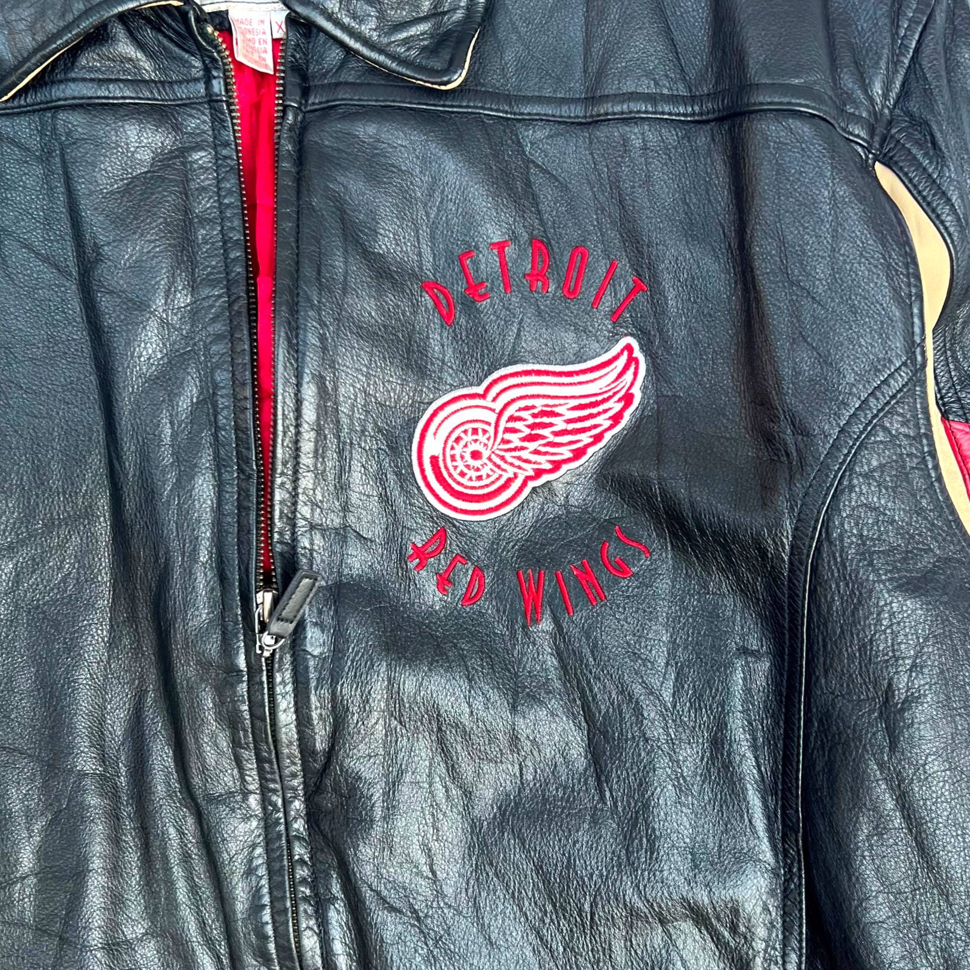 90s GⅢ NFL レザージャケット XL ブラック デトロイト・レッドウィングス Detroit Red Wings オールレザースタジャン 刺繍  ストリート系古着 STARTER スターター NIKE ナイキ