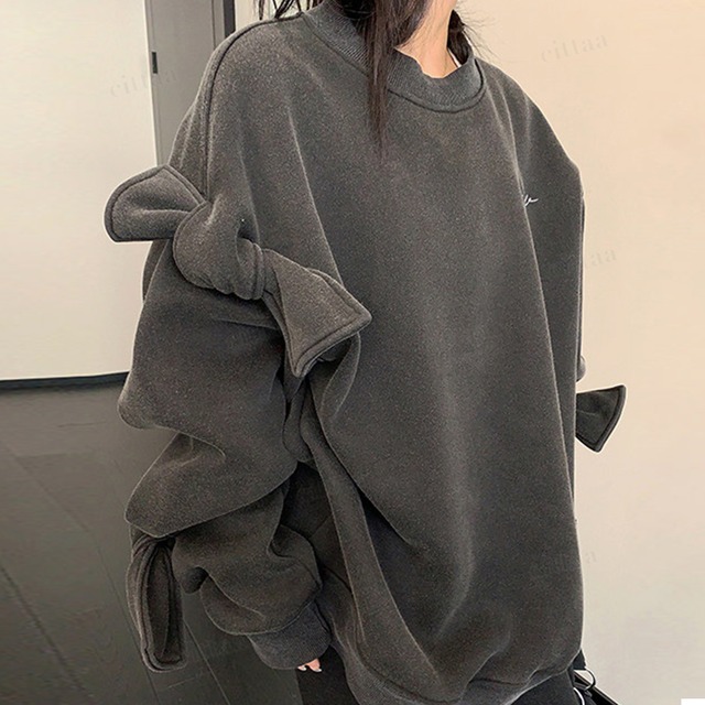 ★予約★D-925　2026新作♡ricecake刺繍ロゴBIG袖リボンスウェット　ブラック