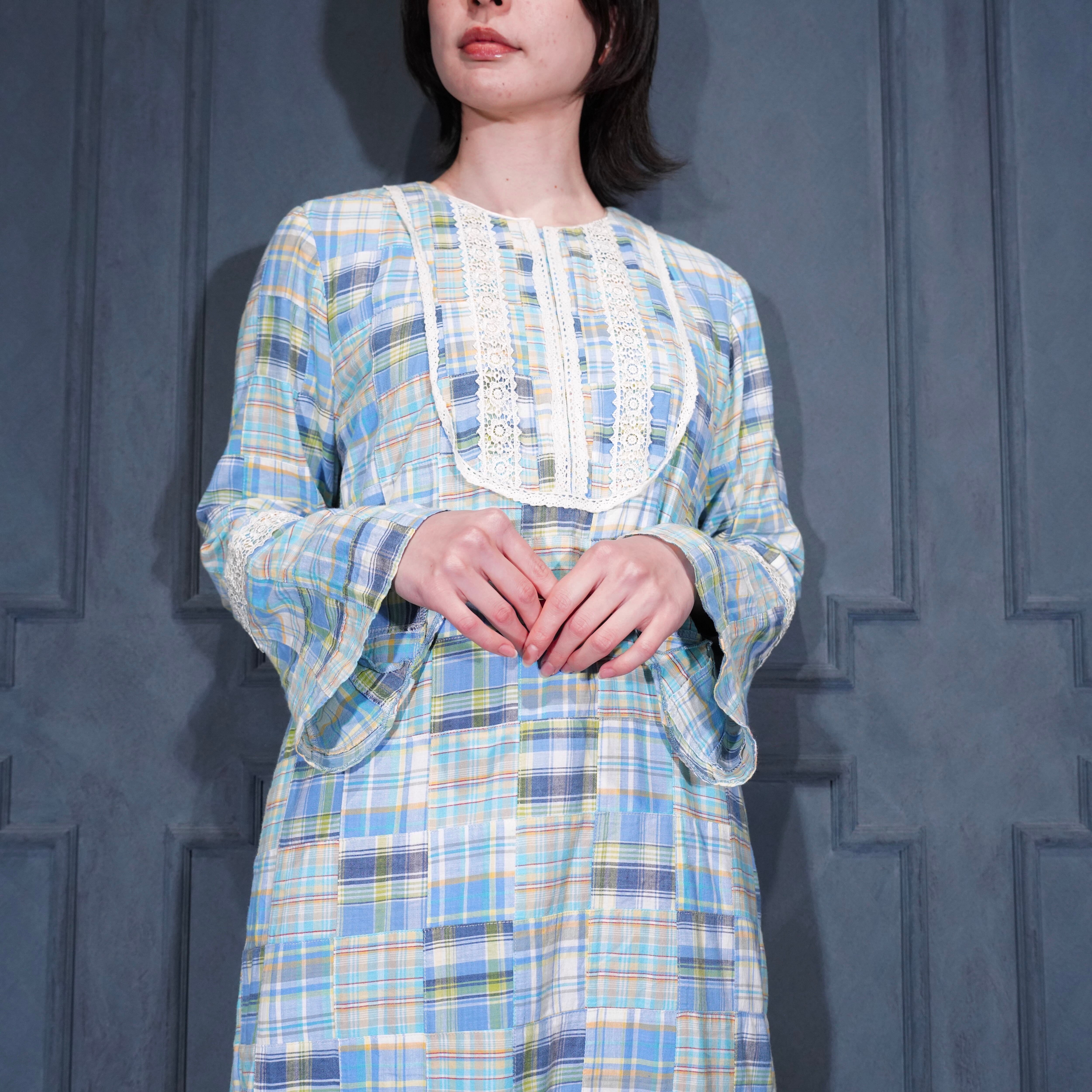 70's USA VINTAGE LACE DESIGN PATCHWORK COTTON DRESS ONE