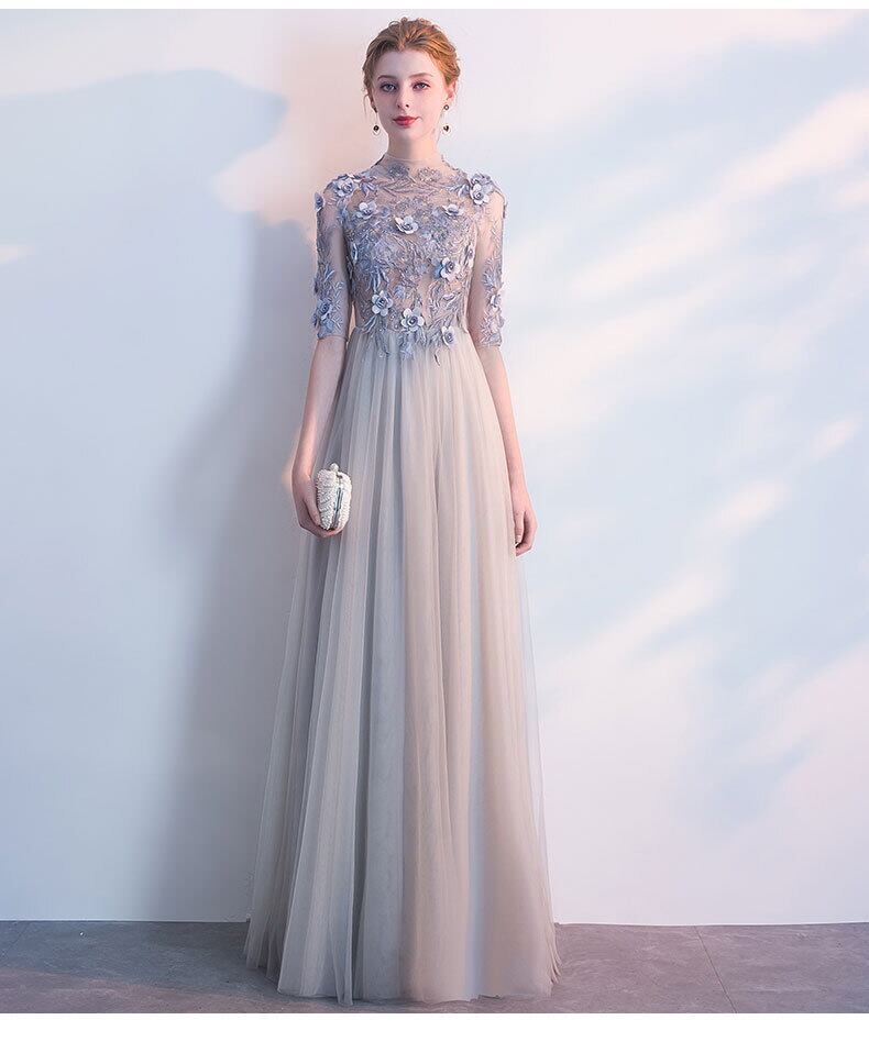 アドリアナパペル ギピュールレース パッチワーク Vネックロングドレス　グレー ガール GIRL バックオープンジオメトリックレースフレアロング丈