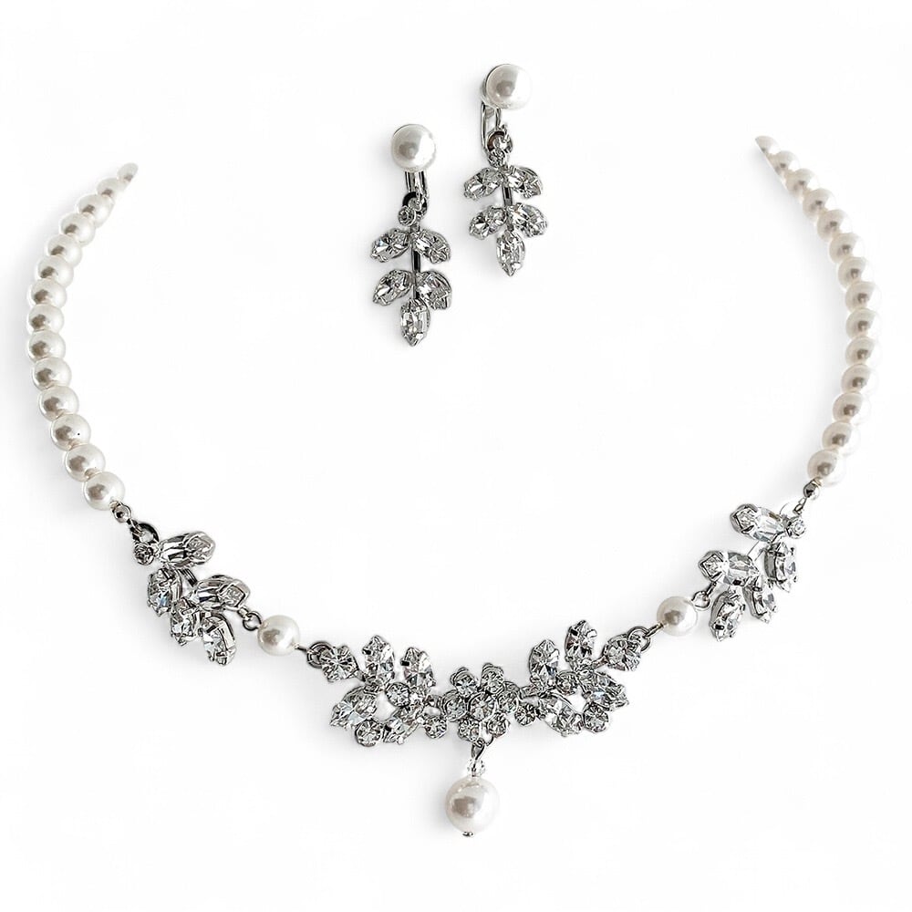 【Set販売】リーフモチーフクリスタルトップ&パール・イヤリングセット【TNP-468-SI】