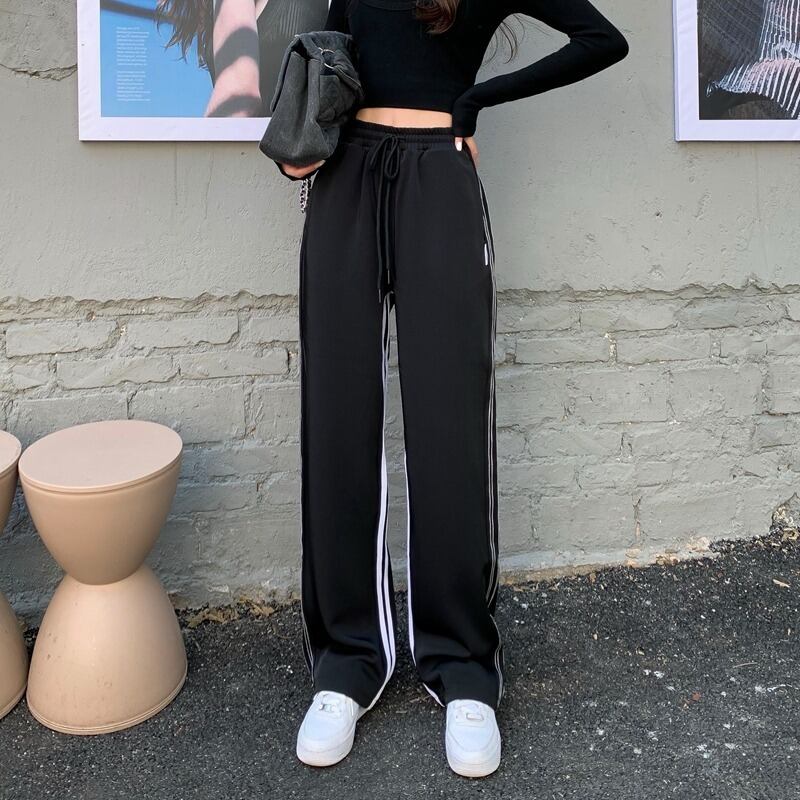 パンツ オータムウィンタースタイルストライプカジュアルハイウェストウェストワイドレッグブラックルーズ 秋物 冬物 ワイドパンツ ドラファッションホール98534418183