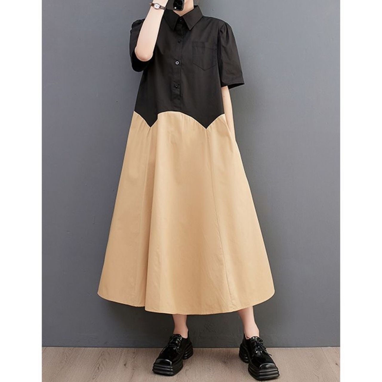 バイカラー フレア シャツワンピース  30101