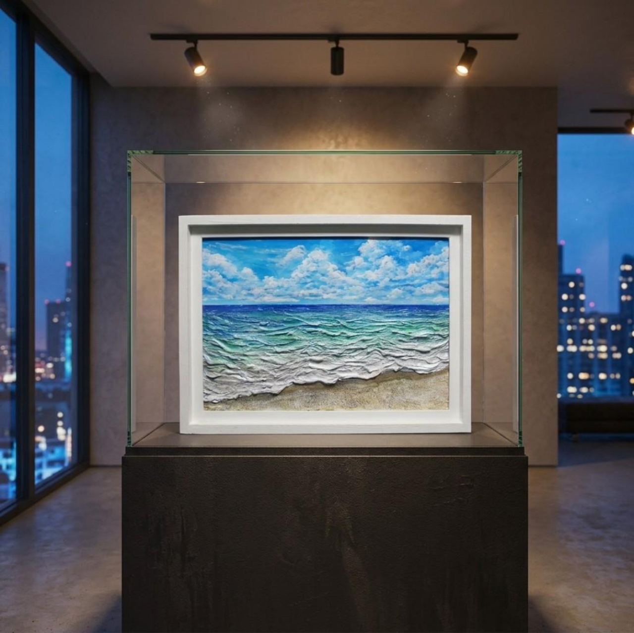原画・額装済】夏の砂浜の海 — リアルな波と青空の油彩画（3D立体