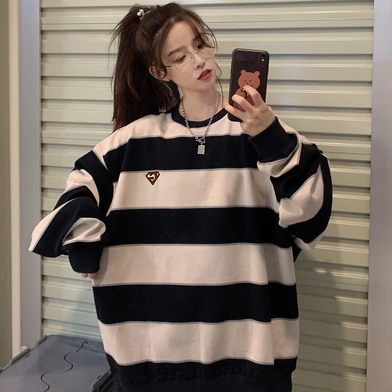 ルーズストライプセーター スプリングオータム薄手レッドトップス ロング 春物 秋物 YY-ファッション24526177648