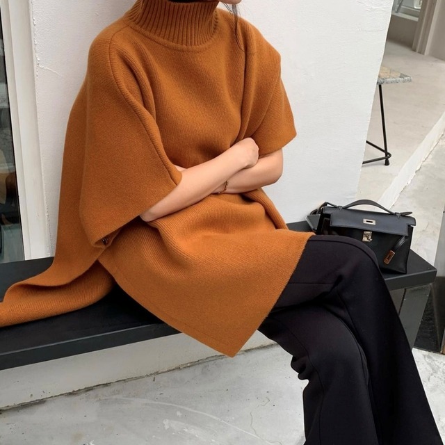 タートルネックポンチョ風ニットプルオーバー／3col　M02495