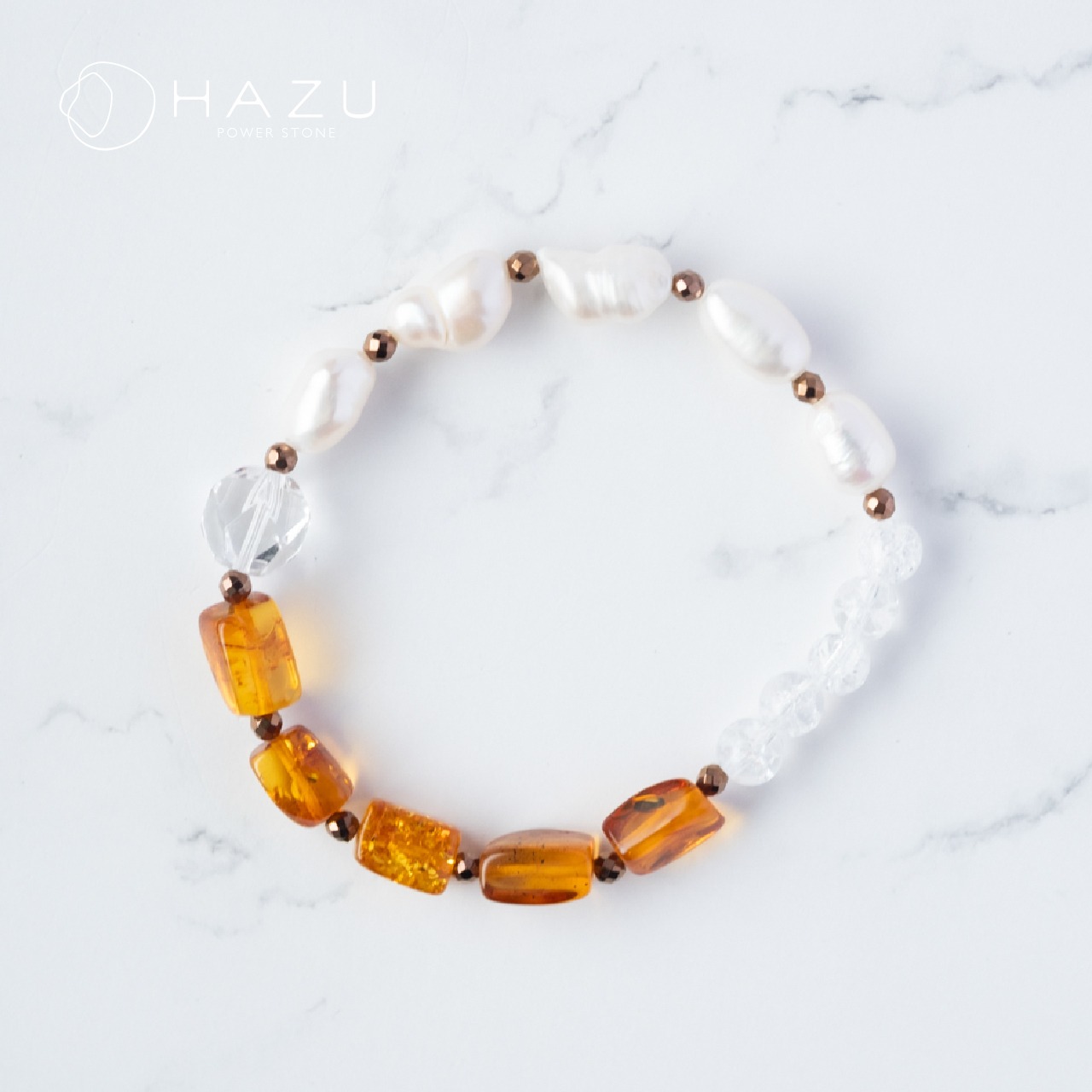 琥珀とパールの輝く美と健康ブレス［アンバー（琥珀）／淡水パール／水晶／クラック水晶］