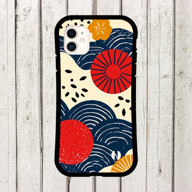 受注生産 iPhoneケース 赤い花と青い波の民芸柄｜フォークアート FMSY031A