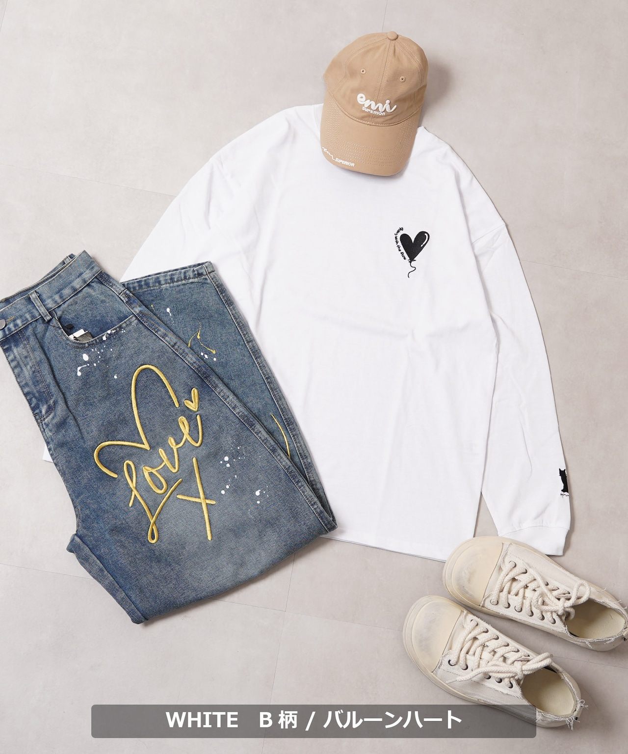 ◆ハート刺繍 ワイドシルエット L/S Tee◆bf-25101