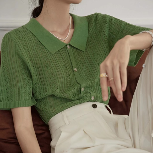 ポロカラー半袖ニットカーディガン 2type A00483