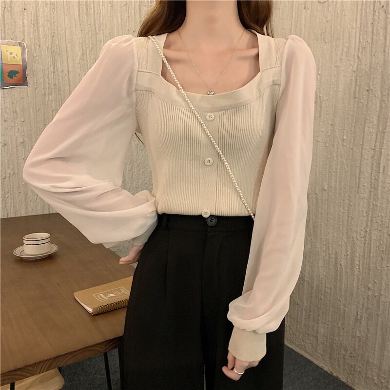 セーター スプリングレースブラウス 薄手シャツ 春物 スクウェア ステッチ YY-ファッション92828159703