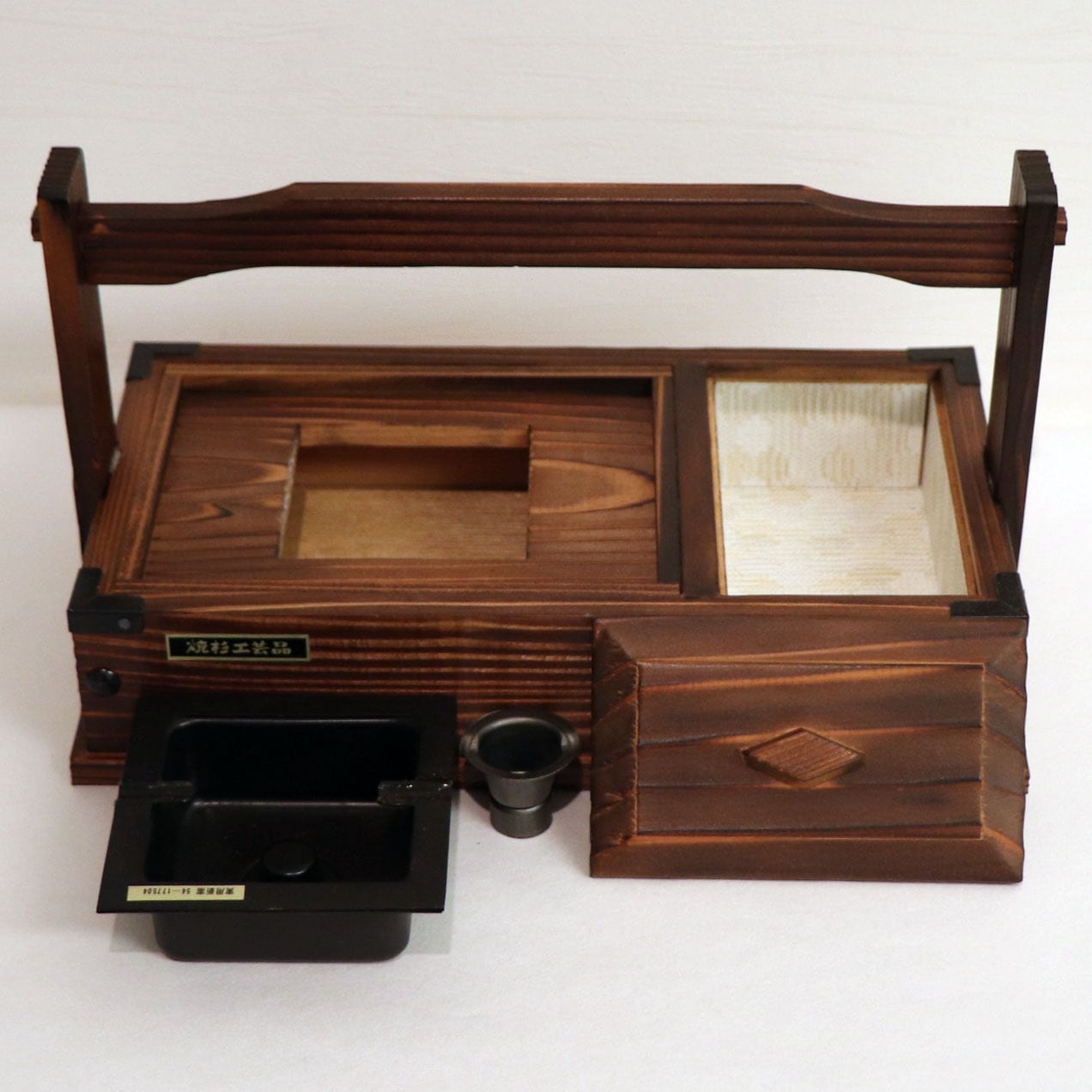 むらた工芸・卓上タバコ入れ灰皿・焼杉工芸品・中古美品・No.200712-06