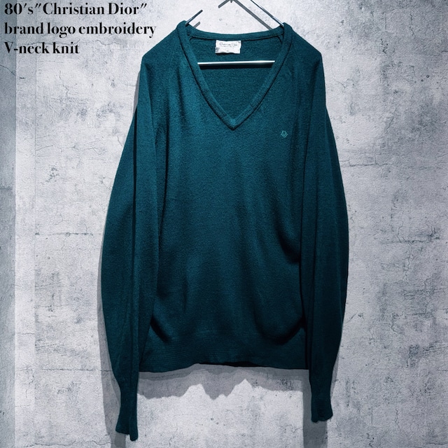 80's"Christian Dior"brand logo embroidery V-neck knit