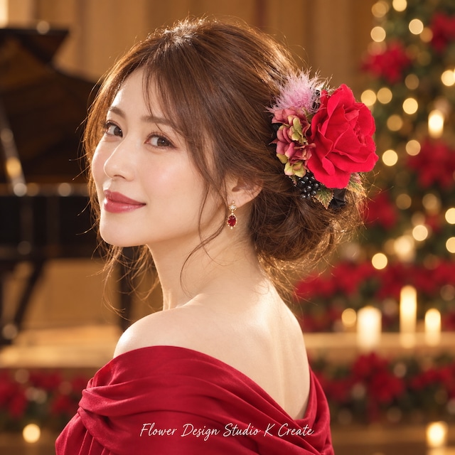 深紅の薔薇と秋紫陽花のヘッドドレス|フラメンコ・発表会・前撮り・成人式・赤ドレスに映える高品質フローレス髪飾り