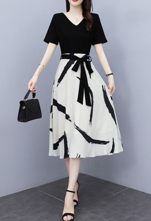 ワンピース ツーピースドレス 夏 半袖 黒 白 リボン スカート 大きいサイズ