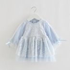 お花レースのリボン結びワンピース(ブルー)