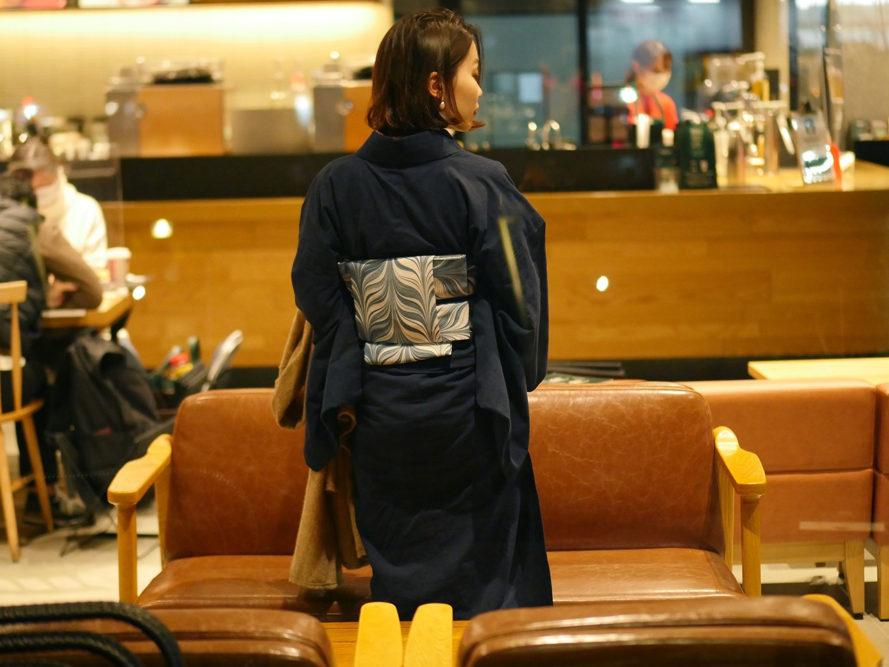 半巾帯 ［ 濃紺 × グレージュ ］