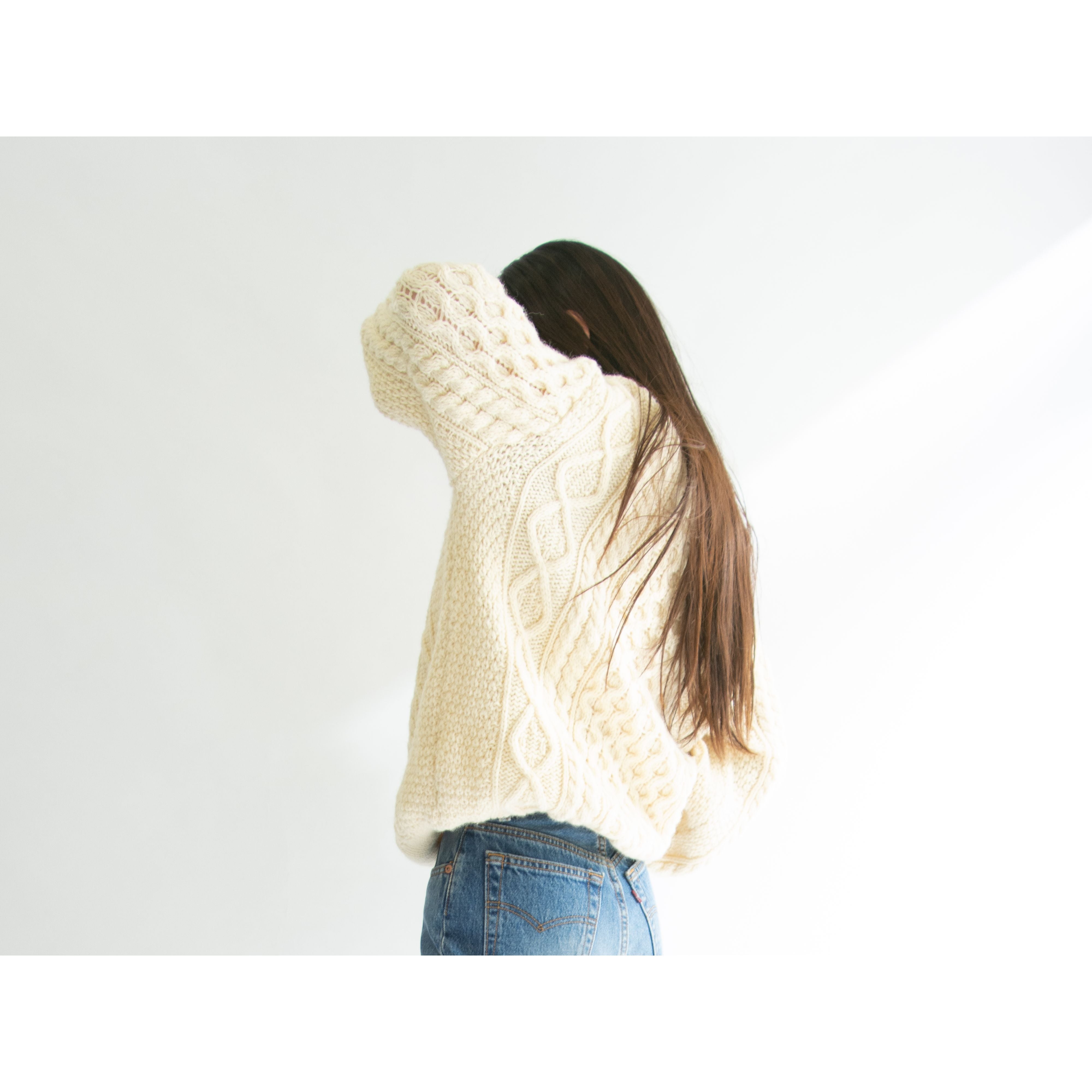 【Niffi】Made in England 100% wool Aran sweater(ニッフィ 英国製 ウールアランセーター クルーネックケーブルニット)12a
