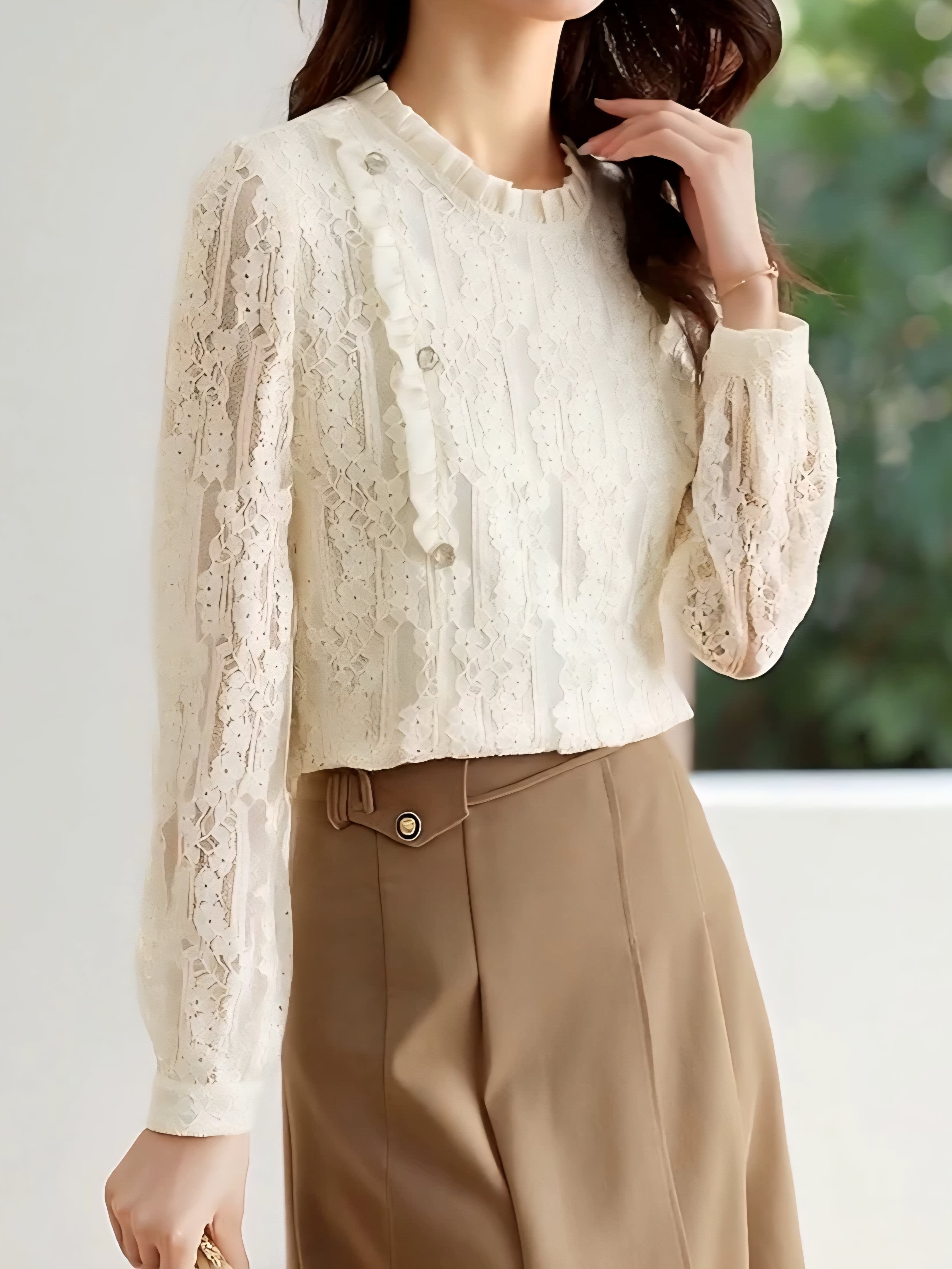Ruffled floral lace long sleeve blouse L0737