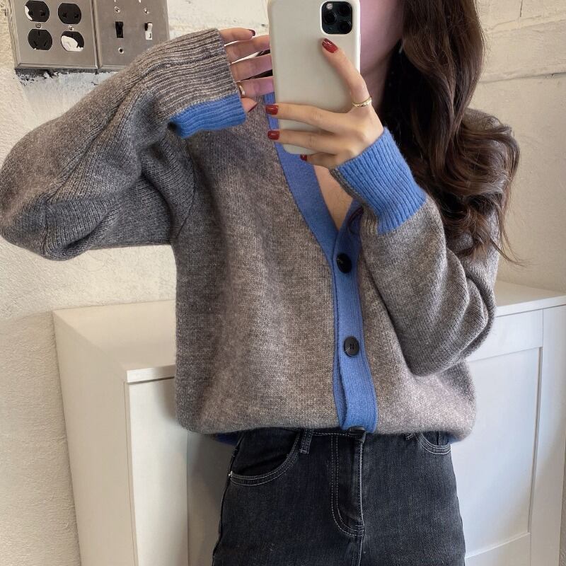 ニットセーター レディースルーズグレーVネックトップス スプリングカーディガンジャケット 春物 ブラックストロベリース69465510772