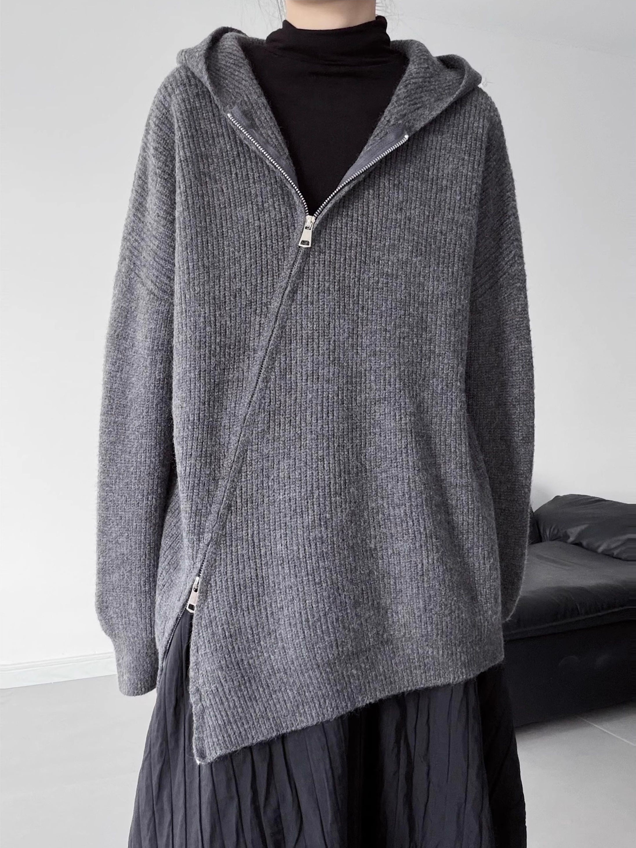 Hooded double zipper loose layered grey knit [T2679] | Lilie