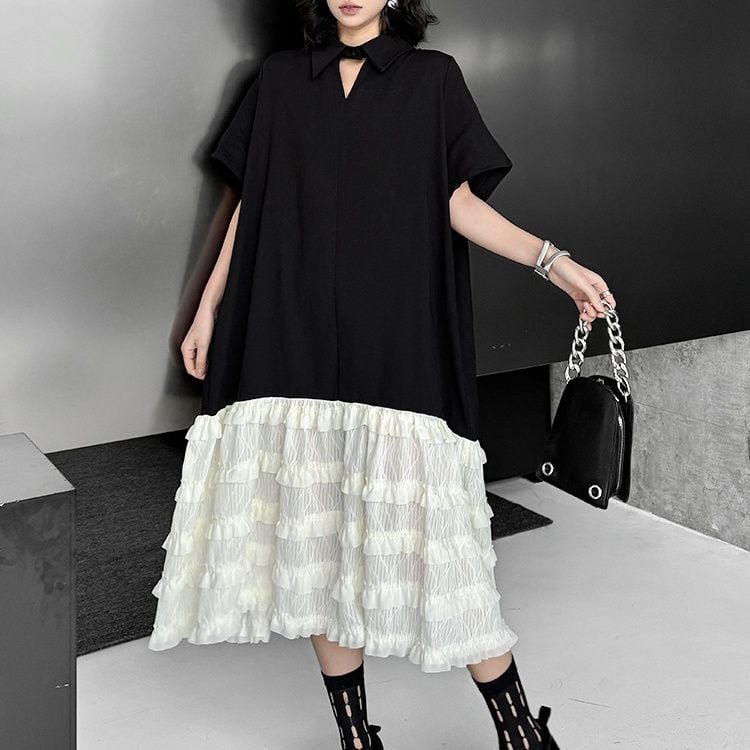 CONTRAST FRILL DESIGN HALF SLEEVES MIDI DRESS 1color M-13433