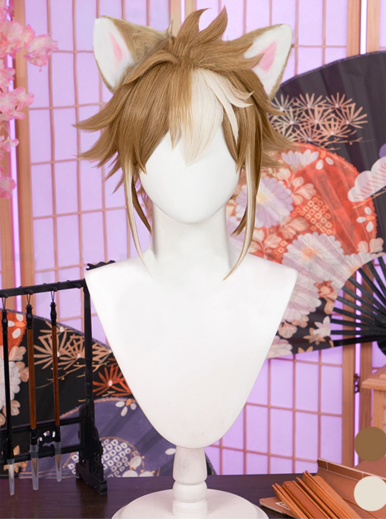 コスプレ耐熱ウィッグ ゴールド ブラウン ホワイト メッシュ ショート