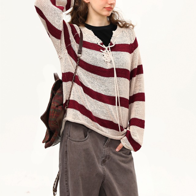 lace-up striped mesh knit　レースアップボーダーメッシュニット　J1264
