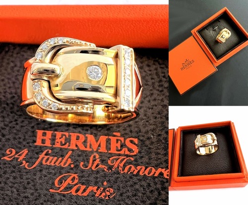 HERMES　エルメス　K18 YG ゴールド　ブックルセリエ ダイヤモンド リング　パヴェ ダイヤ 15P　ベルト　11号