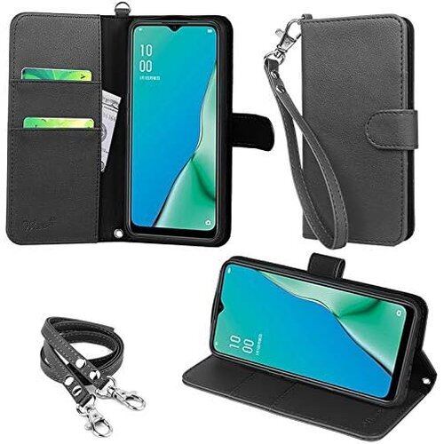 wisers OPPO A5 2020 ケース 手帳型 スマホケース ブラック 牛革PUレザー カードホルダー/スタンド機能付 ストラップ2種付 ハンドストラップ/ネックストラップ プレゼント 383