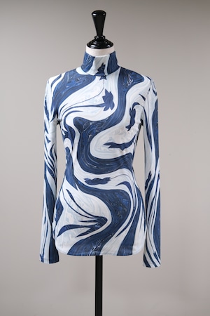 【Mame Kurogouchi】Marble Print Jersey High Neck Top - blue -